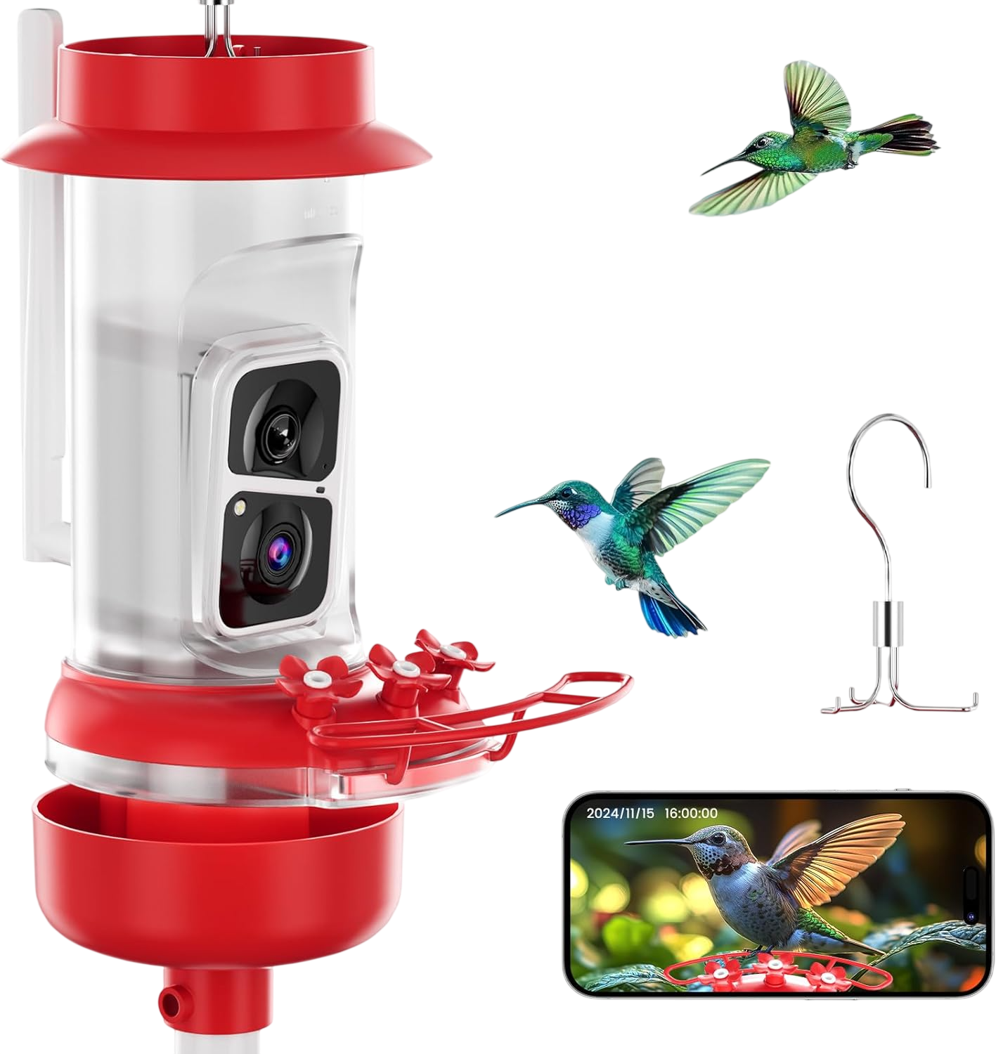 Hummingbird Feeder with Camera, 16 OZ Red